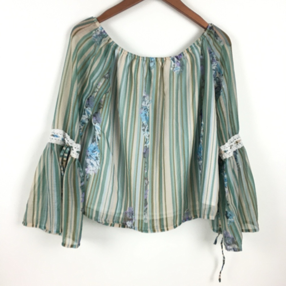 Allison New York Womens Top Small Green Stripe Off The Shoulder Chiffon